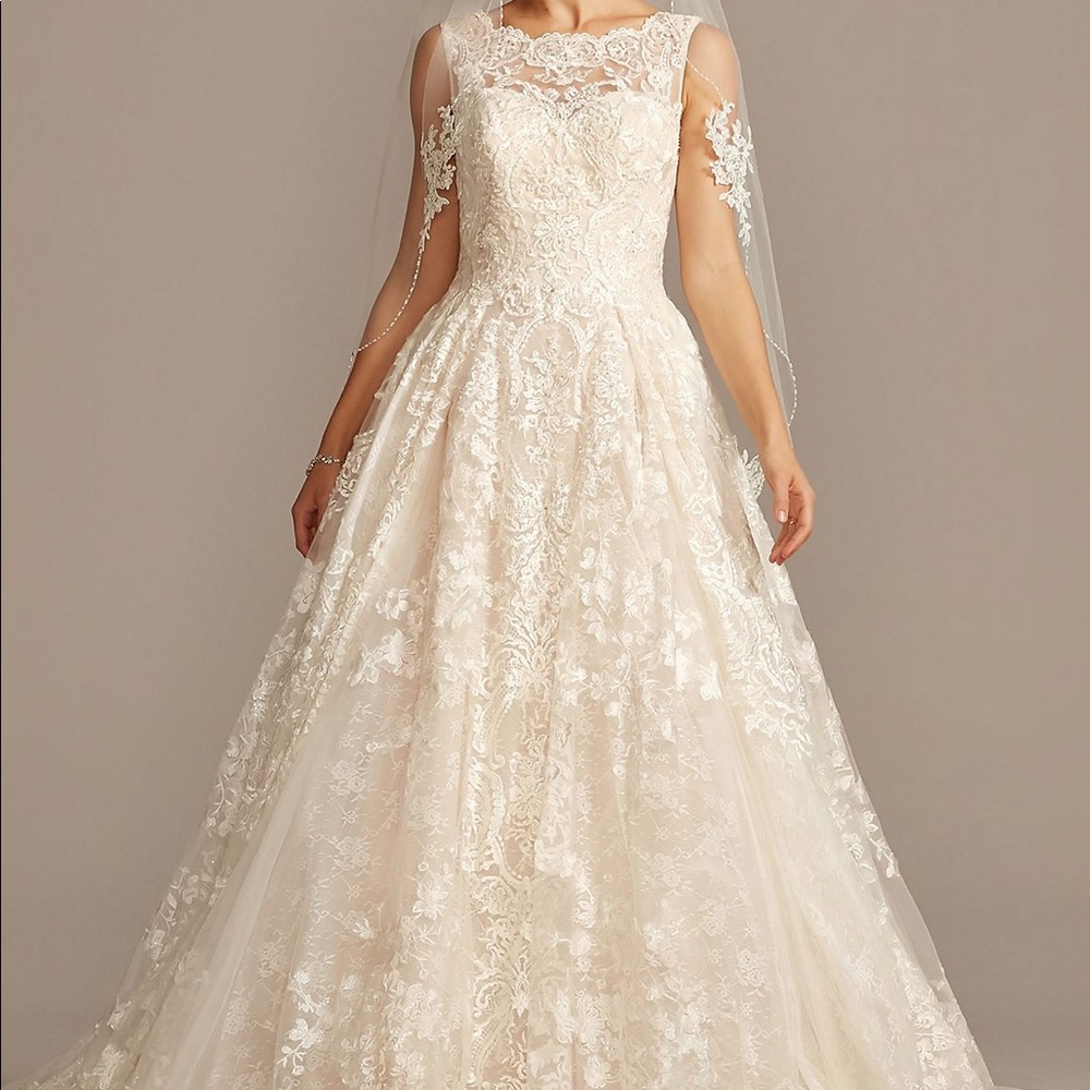 Oleg Cassini Pleated Lace Wedding Dress w/ Pockets